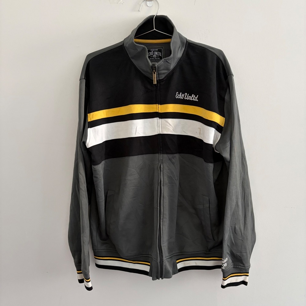 Ecko Unltd Mens Track Jacket Gray Black Yellow Striped Full Zip Size L